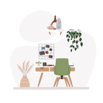 Work space with mid-century style desk and ergonomic chair. Home office for remote study or job. Room decorated with organizer grid and plants. Home decor. Interior hand drawn flat vector illustration