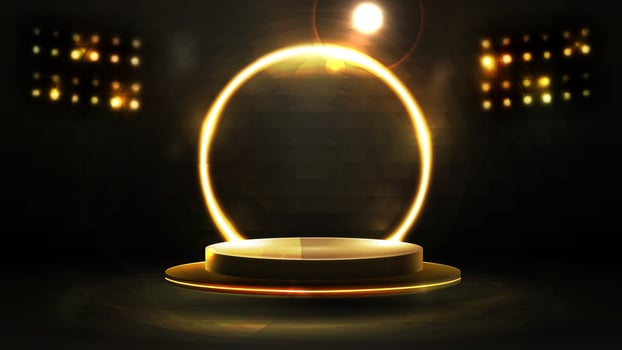 Empty gold podium floating in the air with gold neon ring on background. vector