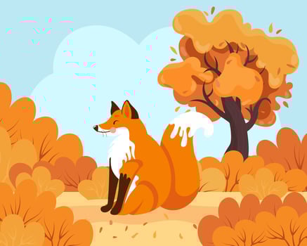Cute fox on a stump in the autumn forest, landscape. Illustration, children's print, vector