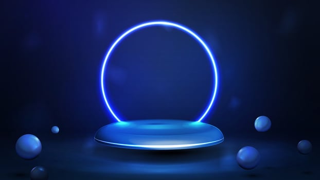 Blue podium floating in the air with blue neon ring on background. vector