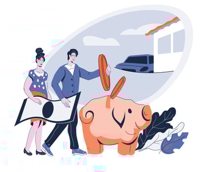 Family budget savings banner with couple dreaming of future purchasing, cartoon vector illustration isolated on white background. Family monthly economy planning and money savings.