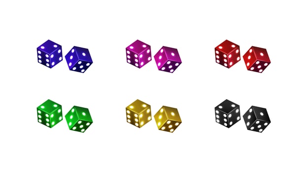 A set of bright glowing 3d dice for casino and poker in colors blue, green, yellow, purple, red and black on a white background. vector