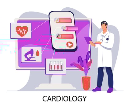 Online cardiology medicine banner template. Cardiology doctor gives an online consultation and treatment plan using a smartphone. Diagnostics, blood test and heart health check up, flat vector. vector