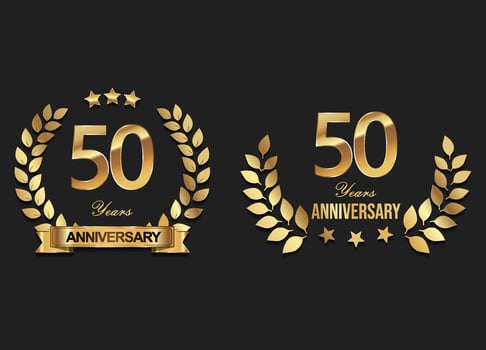 Gold anniversary celebration logo with golden laurel wreath vector illustration