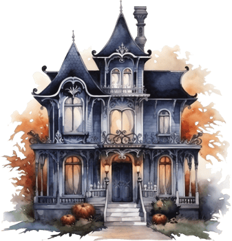 Watercolor black victorian house with pimkins halloween decor. Dark illustration png