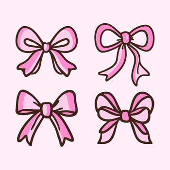 A set of pink bows on a blue background - Hand drawn ribbons set vector