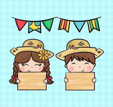 Drawing boy and girl with straw hats holding a wooden sign festa junina brazil vector