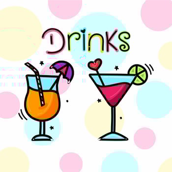 Fruit drinks illustration. Set of juice and lemonade glasses in doodle sketch style. Homemade cold fresh cocktails drawing. Handdrawn cartoon summer soda beverages. vector