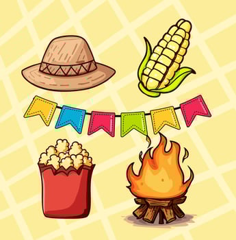 Vector design illustration elements of festa junina typical of brazil popcorn bonfire colorful flags