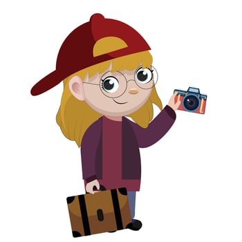 Cute young woman with suitcase. Stylish girl travels, colored drawing. Vector illustration