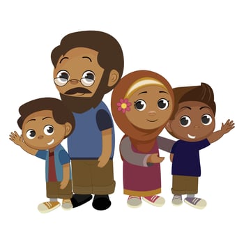 Religious education and islam concept. Happy young arab family father mother and son sitting on floor and reading koran book vector illustration