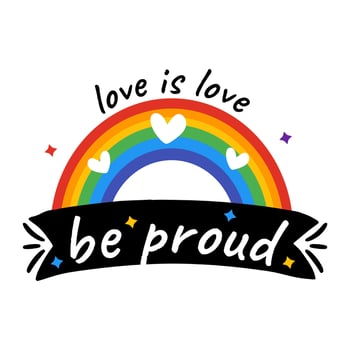 A rainbow with a heart and the words love is love, be proud - LGBTQIAP vector