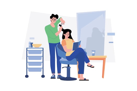 Men's Hair Stylist Does A New Hairstyle To Customer. vector