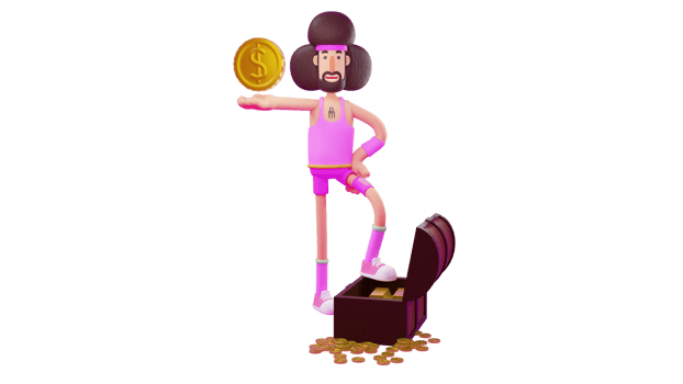 3D illustration. Rich Man 3D cartoon character. Man is wearing a pink sports suit. Athlete raises one foot above the chest containing gold bars. The athlete raised one gold coin. 3D cartoon character png