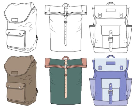 Hand drawn colorfull Vector Set of Backpacks. Cartoon Casual Backpack, cool backpack colorfull. Backpacks Vector illustration.