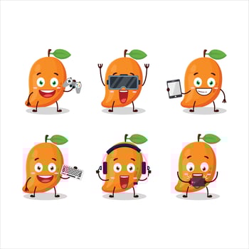 Mango cartoon character are playing games with various cute emoticons vector