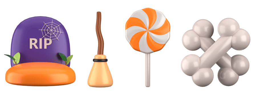 Halloween 3d icons of pumpkins, ghost, gifts isolated on white background. 3d rendering png