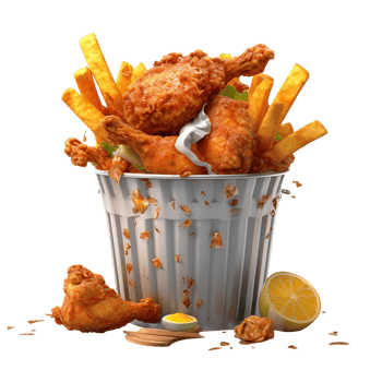 Fried chicken nuggets and french fries in a bucket, delivery fast foods isolated on white background, ai generate png