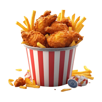 Fried chicken nuggets and french fries in a bucket, delivery fast foods isolated on white background, ai generate png