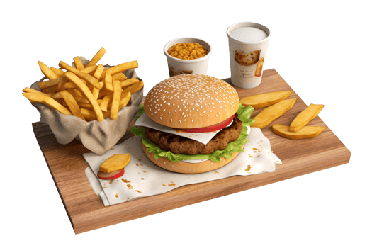 Hamburger with French fries on wooden plate, delivery foods isolated on white transparent background, ai generate png