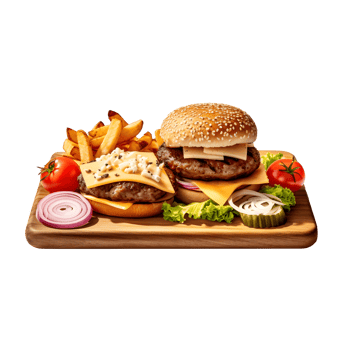 Hamburger with French fries on wooden plate, isolated on white background, ai generate png