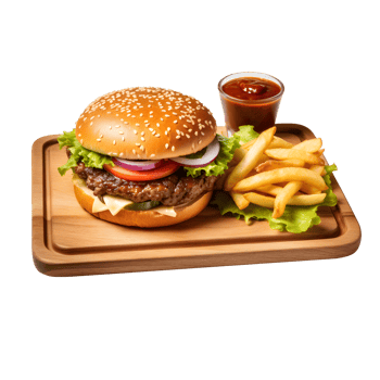 Hamburger with French fries on wooden plate, isolated on white background, ai generate png