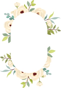wedding frame with flower bouquet. White roses, green leaves. Floral poster, invite and greeting card. vector