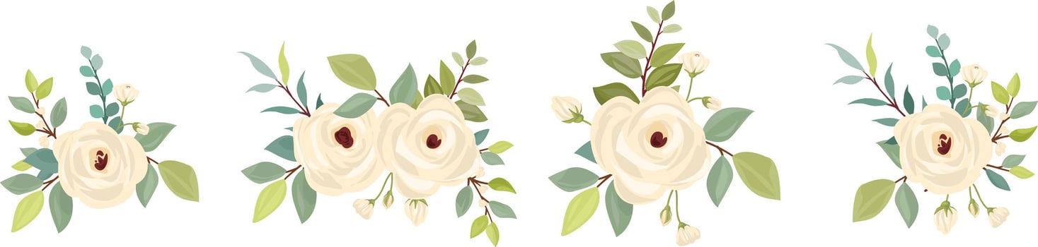 flower bouquet sets. White roses, green leaves. Wedding concept. Floral poster, invite and greeting card. vector