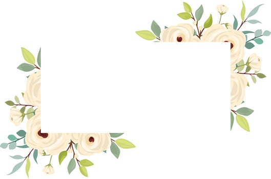 wedding frame with flower bouquet. White roses, green leaves. Floral poster, invite and greeting card. vector
