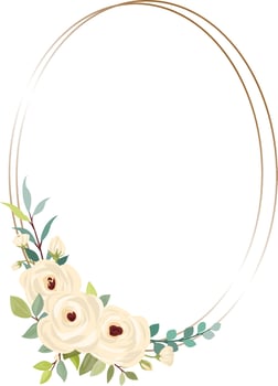 wedding frame with flower bouquet. White roses, green leaves. Floral poster, invite and greeting card. vector