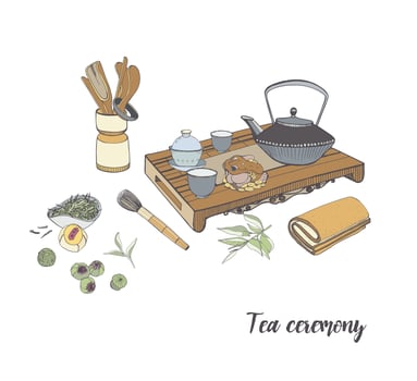 Tea ceremony with various traditional elements. Colorful hand drawn illustration. vector