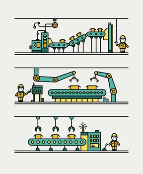 Line art conveyor system in flat style. Professional mechanism to produce new product with remote control. Outline colorful illustration. vector