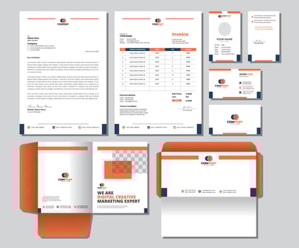 Corporate Brand Identity Mockup set with digital elements. Editable vector. Business card, Id card, Invoice, Letterhead, Envelope, and File Folder. vector