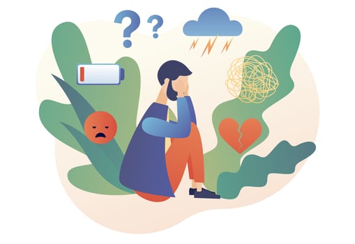 Depressed man sitting on floor. Depression mental. Mental health and psychotherapy concept. Anxiety, stress, emotional burnout and other psychological problems. Modern flat cartoon style. Vector