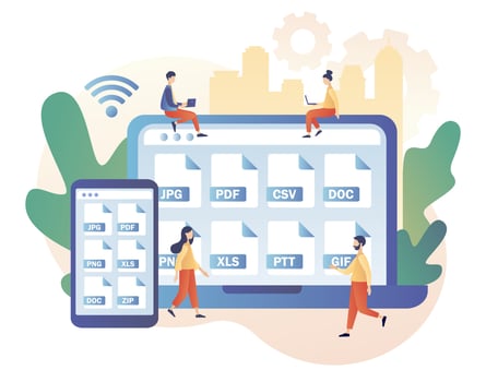 Various file formats in smartphone or laptop. File type jpg, pdf, doc, zip, gif, csv, xls, ppt, png. Extension of electronic documents. Modern flat cartoon style. Vector illustration