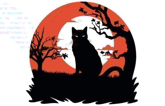 Halloween Black Cat Vector Illustration, Flat Vector Halloween Element