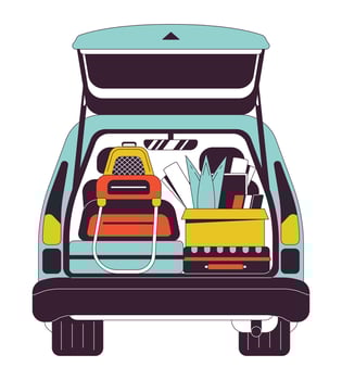 Car trunk with personal belongings flat line color isolated vector object. Packing for road trip. Editable clip art image on white background. Simple outline cartoon spot illustration for web design