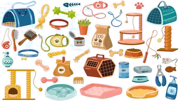 Pet shop assortment, animal accessories. Set of store supply items for domestic pets, beds, animal food, toys, transportation, rat cage, collars and feed. Vector hand draw illustration