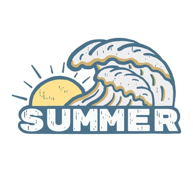 Summer letter and sunset behind the wave vintage hand drawing vector