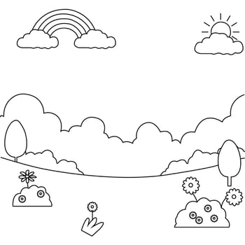 a coloring page with a landscape and clouds vector