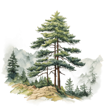 Watercolor illustration of green mountain covered with cloud and set of pine tree forest isolated ai generated png