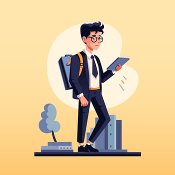 Happy schoolboy with a digital tablet and a satchel goes to school. Cartoon vector illustration. Background illustration with city summer street, buildings and trees. Back to school.