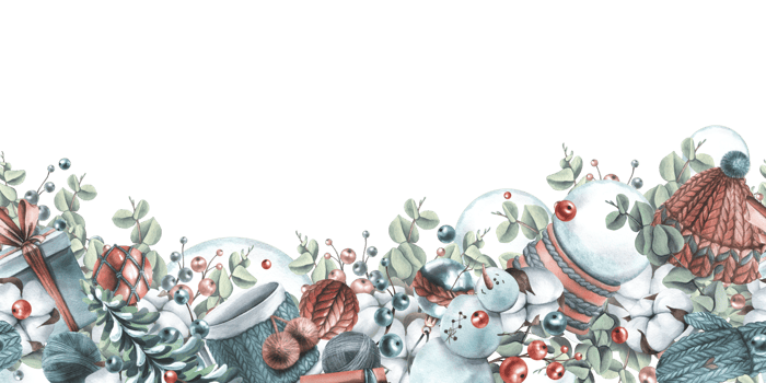 Winter, New Year, Christmas seamless border with snowman, knitted things, cotton, Christmas balls, toys, gifts. Watercolor illustration hand drawn png