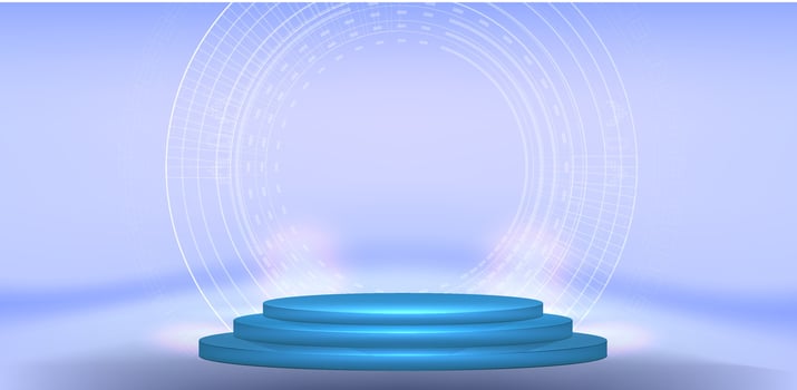 Table, podium, presentation monitor. Portal and hologram futuristic Neon color circle elements. vector