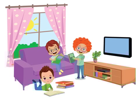 cute kids studying studying in the living room vector