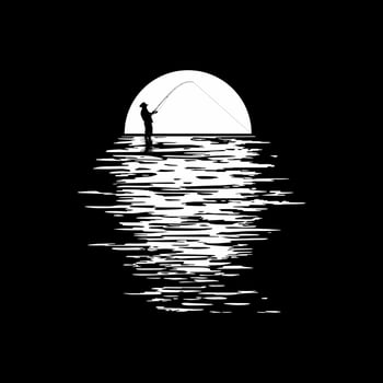 Silhouette of the Fisherman or Angler on the Sunset or Sunset View. Vector Illustration