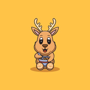 Cute deer with a bowl of soup cartoon illustration vector