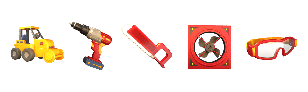 3D icon labor day collection rendered isolated on the transparent background. construction bulldozer, drill tools, hand saw, industrial ventilation fan, and safety goggles object for your design. png