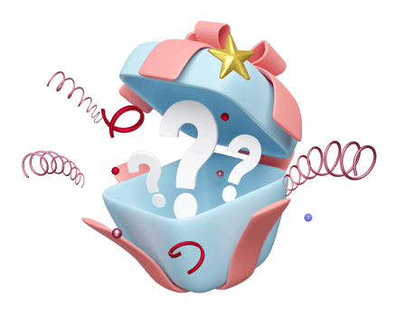 3d surprise gift box with floating star, geometric shapes, question mark symbol icon isolated. special offer concept, 3d render illustration png