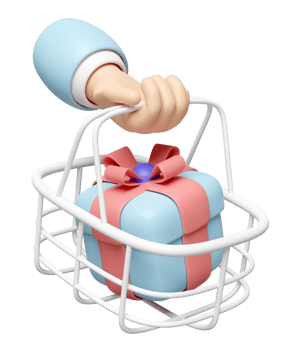 hand holding shopping carts, basket with gift box isolated. 3d render illustration png